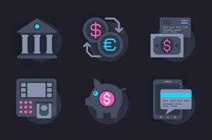 Finance web concept of 3d paper icons set. Pack flat pictograms of financial services in bank and mobile apps, currency exchange, cash transfer, savings. elements for website in dark style vector