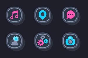 Mobile app web concept of 3d paper icons set. Pack flat pictograms of buttons for application interface. Music, location, message, settings, photo or weather. elements for website in dark style vector