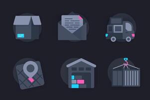 Delivery service web concept of 3d paper icons set. Pack flat pictograms of sending and receiving parcels, letters, logistics and transportation, tracking. elements for website in dark style vector