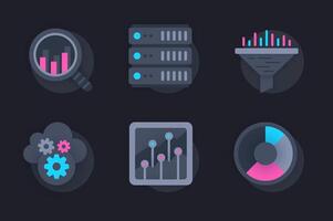 Data analysis web concept of 3d paper icons set. Pack flat pictograms of studying statistics, working with graphs and charts, optimization and settings. elements for website in dark style vector