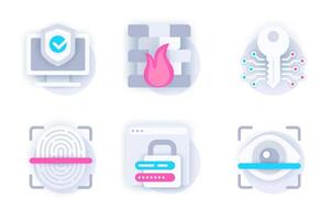 Cyber security web concept of 3d paper icons set. Pack flat pictograms of personal data protection, firewall, fingerprint scanning, password, identification. elements for mobile app and website vector