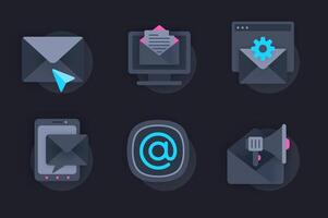 Email service web concept of 3d paper icons set. Pack flat pictograms of online correspondence, sending and writing letters, advertising mailing, messengers. elements for website in dark style vector