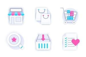 Shopping web concept of 3d paper icons set. Pack flat pictograms of purchases, shop bags, store, supermarket trolley, searching goods, basket and wish list. elements for mobile app and website vector