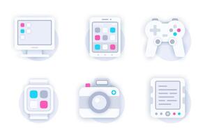 Personal devices web concept of 3d paper icons set. Pack flat pictograms of desktop computer, smartphone, game joystick, smart watch, photo camera, e-book. elements for mobile app and website vector