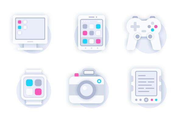 Personal devices web concept of 3d paper icons set. Pack flat pictograms of desktop computer, smartphone, game joystick, smart watch, photo camera, e-book. elements for mobile app and website