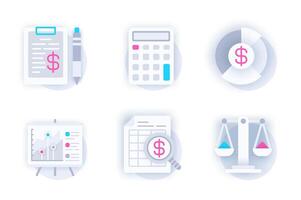 Financial report web concept of 3d paper icons set. Pack flat pictograms of calculation, study of financial statistics, strategy planning, budget, balance. elements for mobile app and website vector