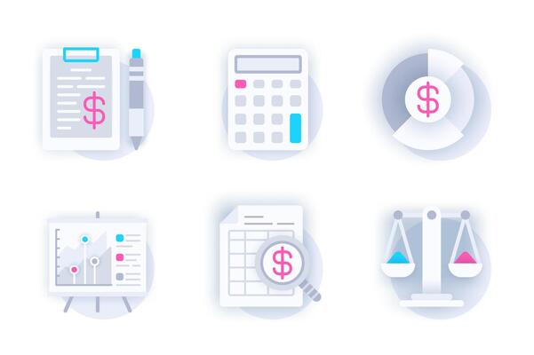 Financial report web concept of 3d paper icons set. Pack flat pictograms of calculation, study of financial statistics, strategy planning, budget, balance. elements for mobile app and website