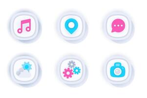 Mobile app web concept of 3d paper icons set. Pack flat pictograms of music, location pin, new messages in chat, wreath, settings and photo camera buttons. elements for interface and website vector