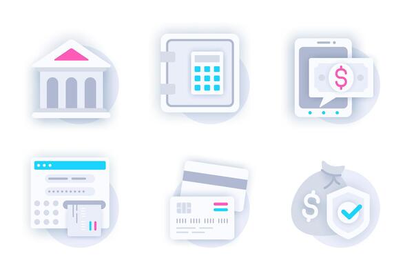 Banking web concept of 3d paper icons set. Pack flat pictograms of bank, safe deposit box, online banking, cash advance, credit cards, savings protection. elements for mobile app and website
