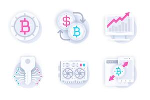 Cryptocurrency web concept of 3d paper icons set. Pack flat pictograms of bitcoin, currency exchange, profit growth, cryptography, blockchain, crypto farm. elements for mobile app and website vector