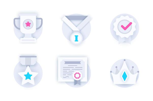 Award web concept of 3d paper icons set. Pack flat pictograms of winning gold cup, first place medal, award badge, victory star, diploma certificate, crown. elements for mobile app and website