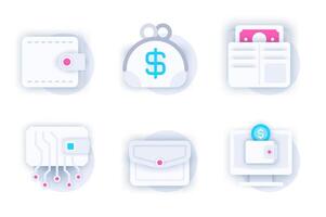 Wallet web concept of 3d paper icons set. Pack flat pictograms of different types of wallets, cash storage, money savings, online services and payment. elements for mobile app and website vector