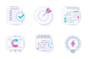 Planning web concept of 3d paper icons set. Pack flat pictograms of to-do list, target, financial account, chart, calendar, time management and new idea. elements for mobile app and website vector