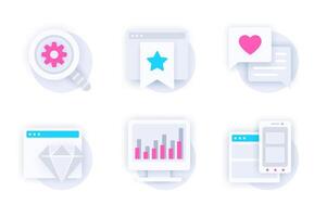 Seo optimization web concept of 3d paper icons set. Pack flat pictograms of search magnifier, browser bookmarks, chat feedback, high quality, statistics. elements for mobile app and website vector