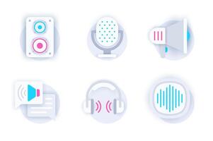 Voice and audio web concept of 3d paper icons set. Pack flat pictograms of music column, microphone, loudspeaker, notification, headphones, sound button. elements for mobile app and website vector