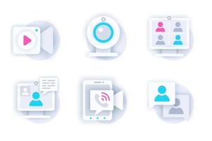 conference web concept of 3d paper icons set. Pack flat pictograms of cameras, screen with group online call, working discussion on meeting. elements for mobile app and website vector