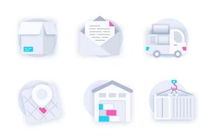 Delivery service web concept of 3d paper icons set. Pack flat pictograms of parcel box, letter in envelope, truck, location tracking, warehouse, container. elements for mobile app and website vector