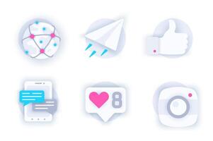 Social network web concept of 3d paper icons set. Pack flat pictograms of global connection, online correspondence, messages in chat, photos, users like. elements for mobile app and website vector