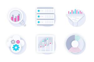 Data analysis web concept of 3d paper icons set. Pack flat pictograms of searching statistics, database hardware server, funnel, settings, diagram and chart. elements for mobile app and website vector