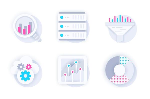 Data analysis web concept of 3d paper icons set. Pack flat pictograms of searching statistics, database hardware server, funnel, settings, diagram and chart. elements for mobile app and website