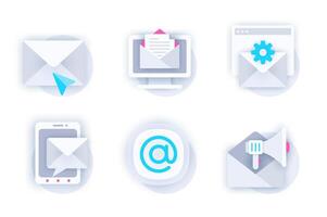 Email service web concept of 3d paper icons set. Pack flat pictograms of sending letter, online correspondence, settings, chat message, promotional mailing. elements for mobile app and website vector