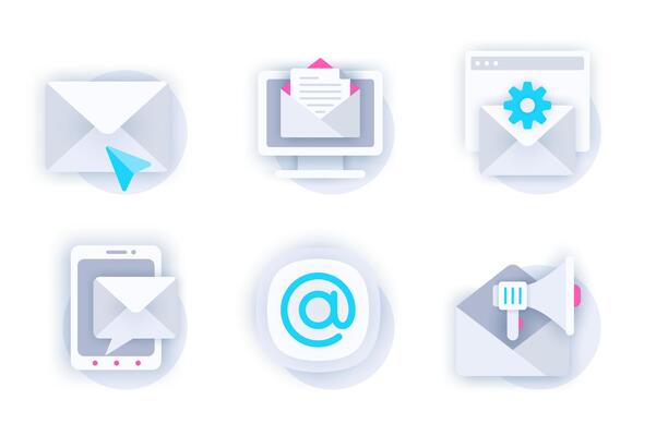 Email service web concept of 3d paper icons set. Pack flat pictograms of sending letter, online correspondence, settings, chat message, promotional mailing. elements for mobile app and website
