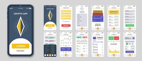 conjunto de ui, ux, gui pantallas criptomoneda aplicación plano diseño modelo para móvil aplicaciones, sensible sitio web estructuras alámbricas. web diseño ui equipo. criptomoneda panel. vector