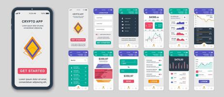 conjunto de ui, ux, gui pantallas criptomoneda aplicación plano diseño modelo para móvil aplicaciones, sensible sitio web estructuras alámbricas. web diseño ui equipo. criptomoneda panel. vector