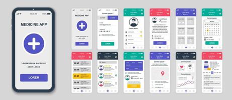 conjunto de ui, ux, gui pantallas medicina aplicación plano diseño modelo para móvil aplicaciones, sensible sitio web estructuras alámbricas. web diseño ui equipo. medicina panel. vector