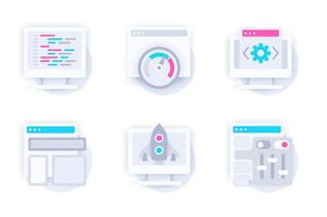 Web development concept of 3d paper icons set. Pack flat pictograms of programming, coding, traffic speed, settings, page layout, digital startup launch. elements for mobile app and website vector