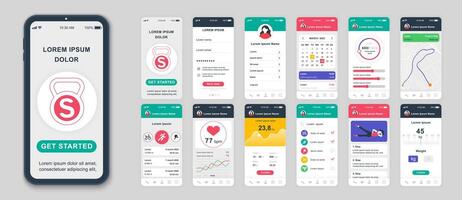 Set of UI, UX, GUI screens Fitness app flat design template for mobile apps, responsive website wireframes. Web design UI kit. Fitness Dashboard. vector