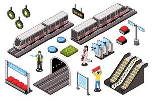 ciudad subterraneo 3d isométrica mega colocar. colección plano isometria elementos y personas de subterráneo metro estación, trenes en ferrocarril, dirección letrero, ruta mapa, esperando asientos. ilustración. vector