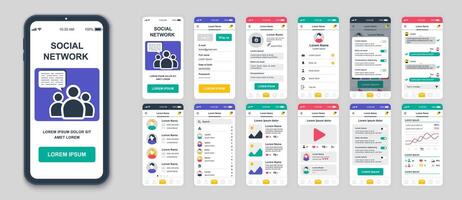 Set of UI, UX, GUI screens Social Network app flat design template for mobile apps, responsive website wireframes. Web design UI kit. Social Network Dashboard. vector