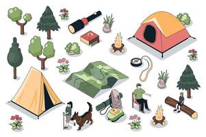 Hiking 3d isometric mega set. Collection flat isometry elements and people of camping tents, tourists at campfire, trekking map, backpacks and touristic equipment, forest trees. illustration. vector