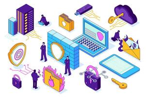 la seguridad cibernética 3d isométrica mega colocar. colección plano isometria elementos y personas de privado datos proteger, nube informática, llave cifrado, escudos, candados, estafa correo electrónico ataque. ilustración. vector