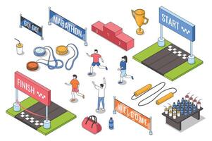 Marathon 3d isometric mega set. Collection flat isometry elements and people of run competition, start and finish banners, jogging athletes, trophy medals and places, water drink. illustration. vector