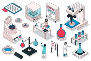 Ciencias laboratorio 3d isométrica mega colocar. colección plano isometria elementos y personas de científico experimentar equipo, prueba tubos, microscopio análisis, genético ingeniería. ilustración. vector