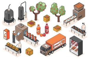 Juice production 3d isometric mega set. Collection flat isometry elements and people of garden harvesting process, plant conveyor lines, crushing and bottling factory machines. illustration. vector