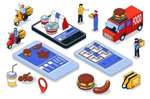 Order food 3d isometric mega set. Collection flat isometry elements and people of choose meal in mobile app menu, online buying, fast courier delivery, fast food box shipping. illustration. vector