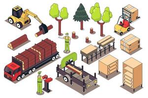 Furniture manufacture 3d isometric mega set. Collection flat isometry elements and people of woodworking process, forest woodcutting, carpentry production machine, transportation. illustration. vector