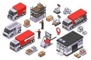 Logistics 3d isometric mega set. Collection flat isometry elements and people of delivery trucks, warehouse shelves, parcel transportation, loading and unloading boxes, shipping. illustration. vector