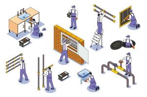 Plumber 3d isometric mega set. Collection flat isometry elements and people of pipeline repair work, household pipe fixing, measuring tools installation, sewerage maintenance. illustration. vector