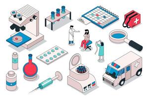 vacunación 3d isométrica mega colocar. colección plano isometria elementos y personas de vacuna jeringuilla, inyección proceso, inmunización calendario, laboratorio virus investigación, ambulancia. ilustración. vector