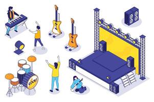 Rock festival 3d isometric mega set. Collection flat isometry elements and people of concert stage, music speakers, musical instrument, musician band playing, audience dancing. illustration. vector