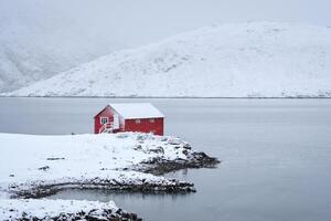 Red rorbu house in winter, Lofoten islands, Norway photo