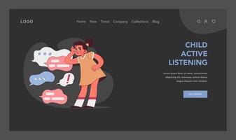 Active listening concept. Curious child with speech bubbles, eager to hear vector