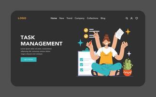 Task management dark or night mode web, landing. Businesswoman vector