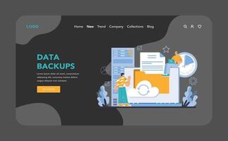 Data backups night or dark mode web or landing page. Secure cloud vector