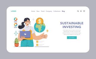 sostenible invertir web o aterrizaje. ansioso financiero experto con ordenador portátil vector