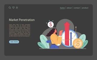 Market Penetration concept. Businesswoman analyzes growth with upward arrow vector